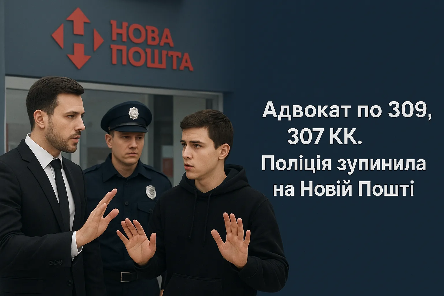Адвокат по 309, 307 КК. Поліція зупинила на Новій Пошті.